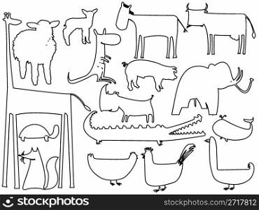 animal black and white silhouettes isolated on white, vector art illustration