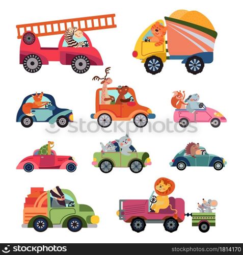 Animal car drivers. Cartoon kids vehicle, funny animals transportation group. Cute racers, isolated reptiles lion driving vector characters. Illustration cartoon car driver, driving machine lorry. Animal car drivers. Cartoon kids vehicle, funny animals transportation group. Cute racers, isolated reptiles lion driving vector characters