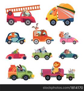 Animal car drivers. Cartoon kids vehicle, funny animals transportation group. Cute racers, isolated reptiles lion driving vector characters. Illustration cartoon car driver, driving machine lorry. Animal car drivers. Cartoon kids vehicle, funny animals transportation group. Cute racers, isolated reptiles lion driving vector characters