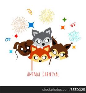 Animal Carnival. Decoration. Cartoon Masks on Face. Animal carnival masks of brown dog, cute red fox and squirrel with grey rabbit in cartoon style. Colourful decorations on background with salute streamer bright strips. Party celebration vector banner