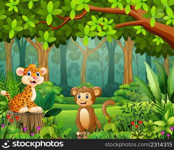 Animal cartoon in the beautiful green forest landscape