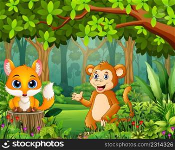 Animal cartoon in the beautiful green forest landscape