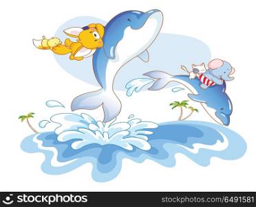animal cartoon swimming with dolphins