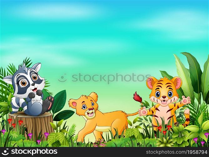 Animal cartoons in beautiful gardens with a blue sky