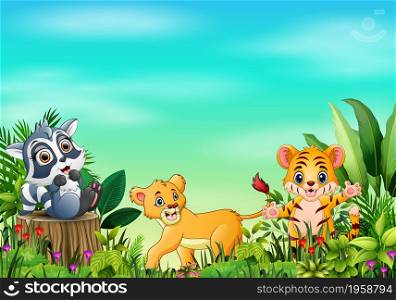 Animal cartoons in beautiful gardens with a blue sky