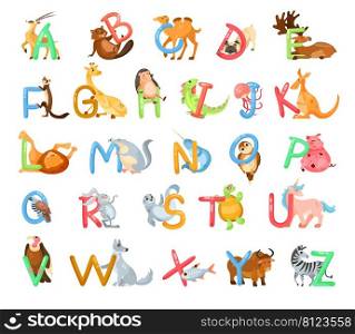 Animal characters with alphabet letters vector illustrations set. Collection of cute comic zoo animals with ABC for preschool children book isolated on white background. Education, wildlife concept