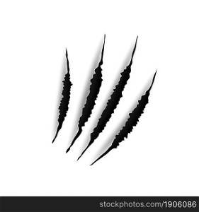 Animal claw mark scratches. Predator, bird of prey or monster paw slash attack ripping paper, breaking through wall realistic vector background. Wild animal, horror beast or cat sharp claws damage. Animal claws marks, scratches on white background