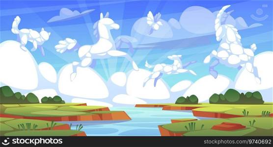Animal clouds landscape. Summer nature background, sky with white cumulus clouds, cloudscape various fabulous fauna shapes, river and field. Cartoon flat isolated illustration, tidy vector concept. Animal clouds landscape. Summer nature background, sky with white cumulus clouds, cloudscape various fabulous fauna shapes, river and field. Cartoon flat illustration, tidy vector concept