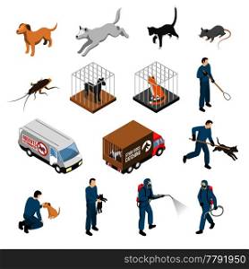 Animal control service, catching of stray dogs and cats, fighting with pests isometric set isolated vector illustration. Animal Control Service Isometric Set