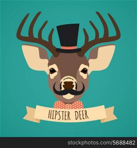 Animal deer with hat bow tie and moustache hipster portrait vector illustration