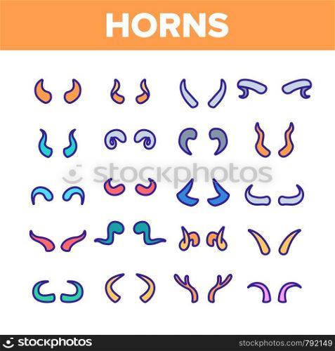Animal, Devil Horns Vector Linear Icons Set. Bull, Goat, Moose, Wild Mammals Horns Outline Symbols Pack. Carnival Costume Accessories. Reindeer Antlers Isolated Contour Illustrations. Animal, Devil Horns Vector Linear Icons Set