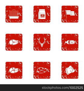 Animal diet icons set. Grunge set of 9 animal diet vector icons for web isolated on white background. Animal diet icons set, grunge style
