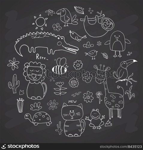 Animal Doodles Set. Cute Animals sketch. Hand drawn Cartoon Vector illustration on chalkboard background.. Animal Doodles Set. Cute Animals sketch. Hand drawn Cartoon Vector illustration on chalkboard background