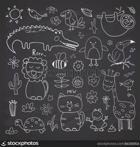 Animal Doodles Set. Cute Animals sketch. Hand drawn Cartoon Vector illustration on chalkboard background.. Animal Doodles Set. Cute Animals sketch. Hand drawn Cartoon Vector illustration on chalkboard background
