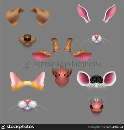 Animal ears and noses. Vector selfie photo filters animals faces masks. Funny effect animal mask avatar for photo selfie illustration. Animal ears and noses. Vector selfie photo filters animals faces masks