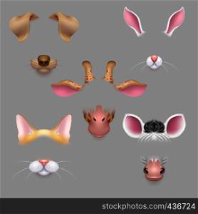 Animal ears and noses. Vector selfie photo filters animals faces masks. Funny effect animal mask avatar for photo selfie illustration. Animal ears and noses. Vector selfie photo filters animals faces masks