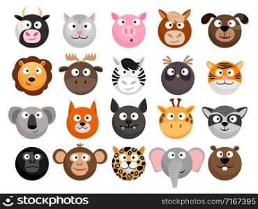 Animal emoticons. Horse and zebra heads, monkey and dog face icons, tiger and elephant funny friend cartoon pack isolated on white, vector illustration. Animal emoticons set
