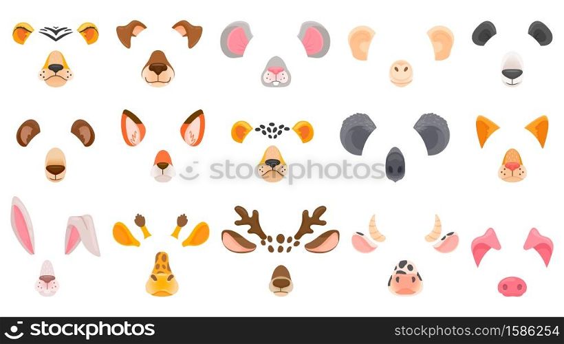 Animal face for video chat. Filter masks of animals. Fox, panda and koala, deer and bear, cheetah and tiger, dog and cat. Cartoon vector set animal mask, nose and ears illustration. Animal face for video chat. Filter masks of animals. Fox, panda and koala, deer and bear, cheetah and tiger, dog and cat. Cartoon vector set