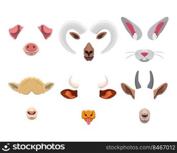 Animal face mask set for mobile application. Cartoon vector illustration of cute selfie filters with funny ears, nose, horns and tongue isolated on white. Photo and video effects for social media. Animal face mask set for mobile application