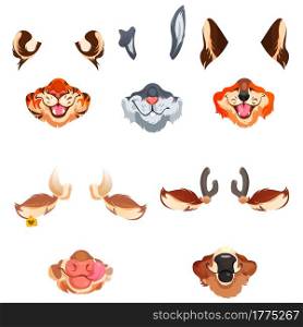 Animal face masks for social networks, selfie photo or video chat filter. Cute tiger, rabbit, fox and cow or deer muzzles, ears, noses and fur elements isolated on white background, cartoon vector set. Animal face masks for social networks, selfie