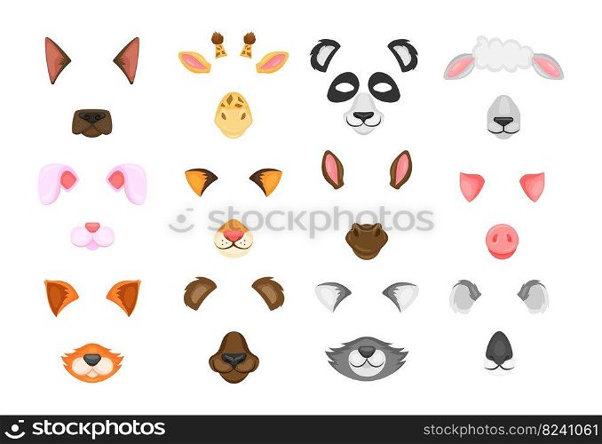 Animal face masks for video and photo set. Vector illustrations of selfie filters with ears and noses. Cartoon funny muzzles of dog cat rabbit pig bunny sheep isolated on white. Chat game concept.. Animal face masks for video and photo set