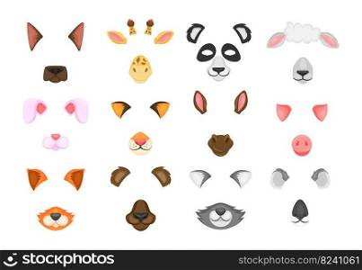 Animal face masks for video and photo set. Vector illustrations of selfie filters with ears and noses. Cartoon funny muzzles of dog cat rabbit pig bunny sheep isolated on white. Chat game concept.. Animal face masks for video and photo set