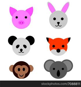 Animal Faces isolated on white background. Pig, Rabbit, Panda, Fox, Monkey, Koala. Vector Illustration for Your Design, Game, Card.