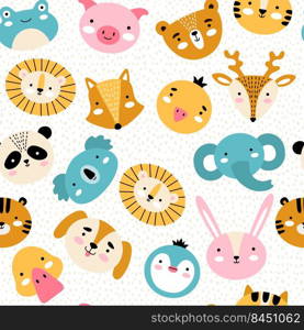 Animal faces pattern. Cute colored wild animal in cartoon style mouse tiger zebras bear recent vector seamless kawaii background. Illustration of cartoon animal pattern. Animal faces pattern. Cute colored wild animal in cartoon style mouse tiger zebras bear recent vector seamless kawaii background