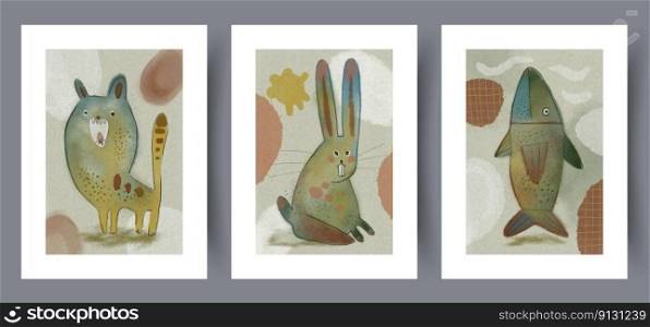 Animal fauna rabbit fish wall art print. Printable minimal abstract poster. Wall artwork for interior design. Contemporary decorative background. . Animal fauna rabbit fish wall art print