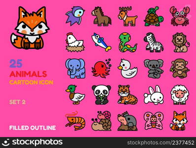 Animal filled outline icon vector set. Cute cartoon design illustration line art for decoration,brochure,banner,website,media,education,etc.