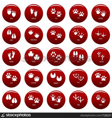 Animal footprint icons set. Simple illustration of 25 animal footprint vector icons red isolated. Animal footprint icons set vetor red