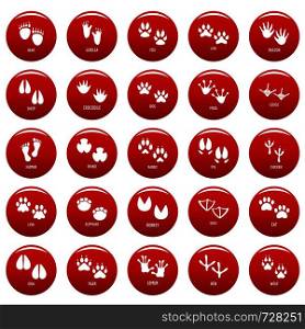 Animal footprint icons set. Simple illustration of 25 animal footprint vector icons red isolated. Animal footprint icons set vetor red