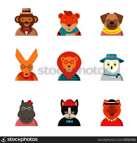 Animal funny faces. Hipster avatars of monkey cat kangaroo hippo tiger cute clothes zoo vector characters in flat style. Illustration of hipster animal, owl and hippopotamus. Animal funny faces. Hipster avatars of monkey cat kangaroo hippo tiger cute clothes zoo vector characters in flat style