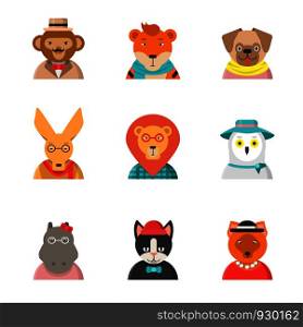 Animal funny faces. Hipster avatars of monkey cat kangaroo hippo tiger cute clothes zoo vector characters in flat style. Illustration of hipster animal, owl and hippopotamus. Animal funny faces. Hipster avatars of monkey cat kangaroo hippo tiger cute clothes zoo vector characters in flat style