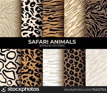 Animal fur print seamless patterns, leopard, tiger and zebra seamless backgrounds, vector abstract texture. African animals fur, jungle camouflage skin hair patterns, simple flat brown, beige set. Animal fur print seamless patterns, seamless backgrounds
