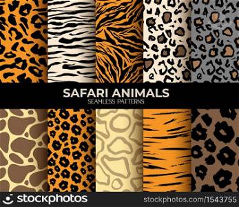 Animal fur seamless pattern backgrounds, vector set of leopard, tiger, zebra and giraffe skin print. African animals fur pattern, abstract simple brown stripes, spots and lines, natural texture fabric. Animal fur seamless patterns leopard, tiger, zebra