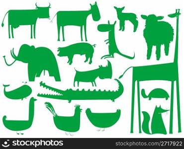 animal green silhouettes isolated on white, vector art illustration