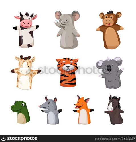 animal hand puppets set cartoon. finger play, child chadow, game theatre, funny art toy animal hand puppets vector illustration. animal hand puppets set cartoon vector illustration