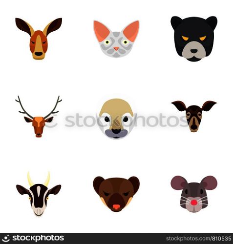 Animal head icon set. Flat set of 9 animal head vector icons for web design. Animal head icon set, flat style