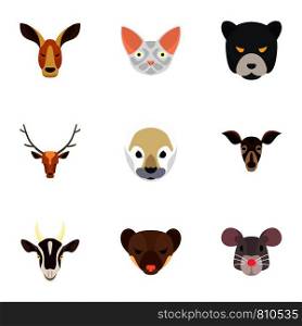 Animal head icon set. Flat set of 9 animal head vector icons for web design. Animal head icon set, flat style