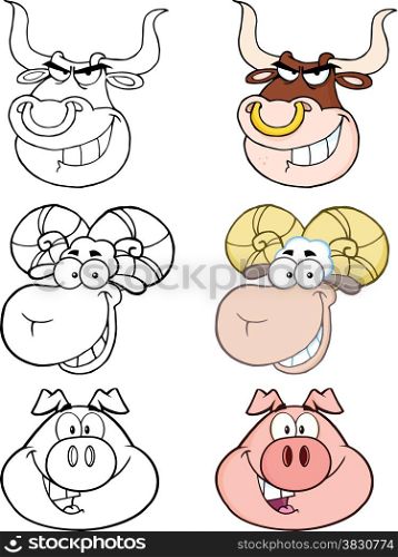 Animal Heads Cartoon Characters. Collection Set