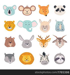 Animal heads. Cartoon faces of koala, monkey and fox, zebra. Cute panda, deer and lion, deer and rabbit, jaguar vector zoo avatars. Childish lovely safari and forest characters set. Animal heads. Cartoon faces of koala, monkey and fox, zebra. Cute panda, deer and lion, deer and rabbit, jaguar vector zoo avatars