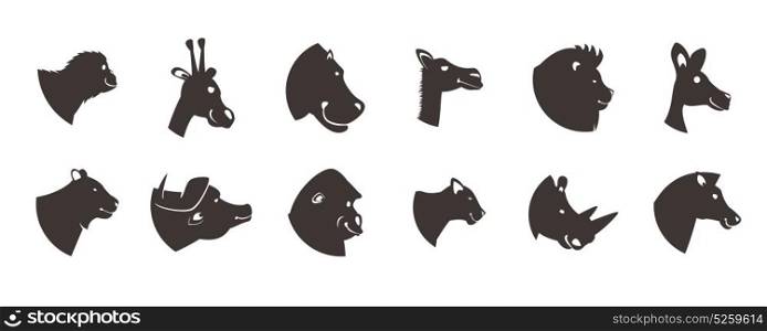 Animal Heads Silhouette Set. Animal icons collection of twelve isolated side face view of wild beast heads on blank background vector illustration