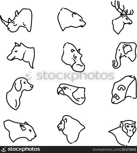 Animal heads vector thin line flat icons. Animal heads vector thin line flat icons. Set of animal deer bear and lion. Illustration linear head animals
