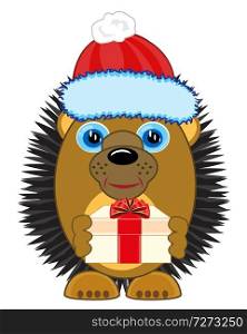 Animal hedgehog in new year s hat and with gift. Vector illustration animal hedgehog with gift in hand
