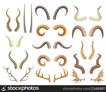 Animal horns and antlers, antelope, ram, moose, reindeer horn. Wild animals hunting trophies, deer antler, buffalo and goat horns vector set. Wildlife mammals elements isolated on white. Animal horns and antlers, antelope, ram, moose, reindeer horn. Wild animals hunting trophies, deer antler, buffalo and goat horns vector set