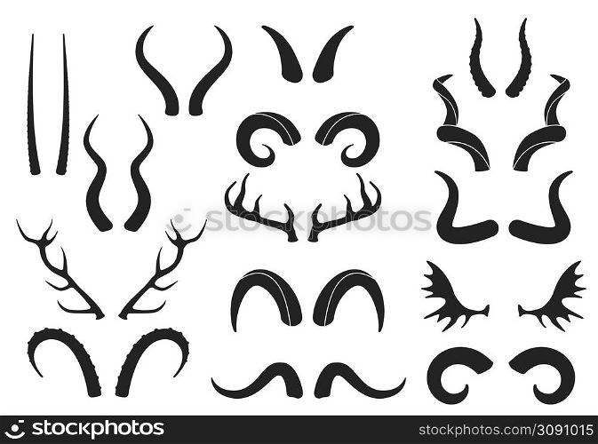 Animal horns silhouettes, antelope, ram, goat, buffalo horn. Deer antlers, hunting trophy, wild animals horn and antler silhouette vector set. Curled big and small horns of different shapes. Animal horns silhouettes, antelope, ram, goat, buffalo horn. Deer antlers, hunting trophy, wild animals horn and antler silhouette vector set
