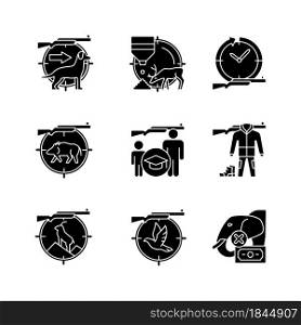 Animal hunter black glyph icons set on white space. Dog handler. Goat and boar hunting. Pigeon shooting. Hunt education. Illegal animal trade. Silhouette symbols. Vector isolated illustration. Animal hunter black glyph icons set on white space
