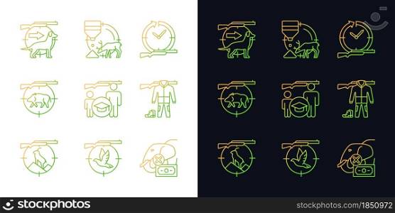 Animal hunter gradient icons set for dark and light mode. Dog handler. Goat, boar hunting. Thin line contour symbols bundle. Isolated vector outline illustrations collection on black and white. Animal hunter gradient icons set for dark and light mode