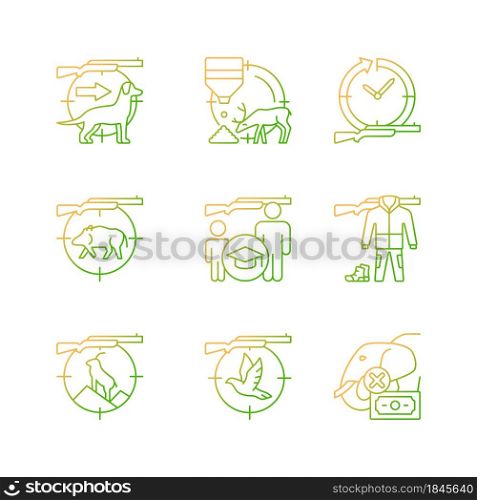 Animal hunter gradient linear vector icons set. Dog handler. Goat and boar hunting. Pigeon shooting. Hunt education. Thin line contour symbols bundle. Isolated outline illustrations collection. Animal hunter gradient linear vector icons set